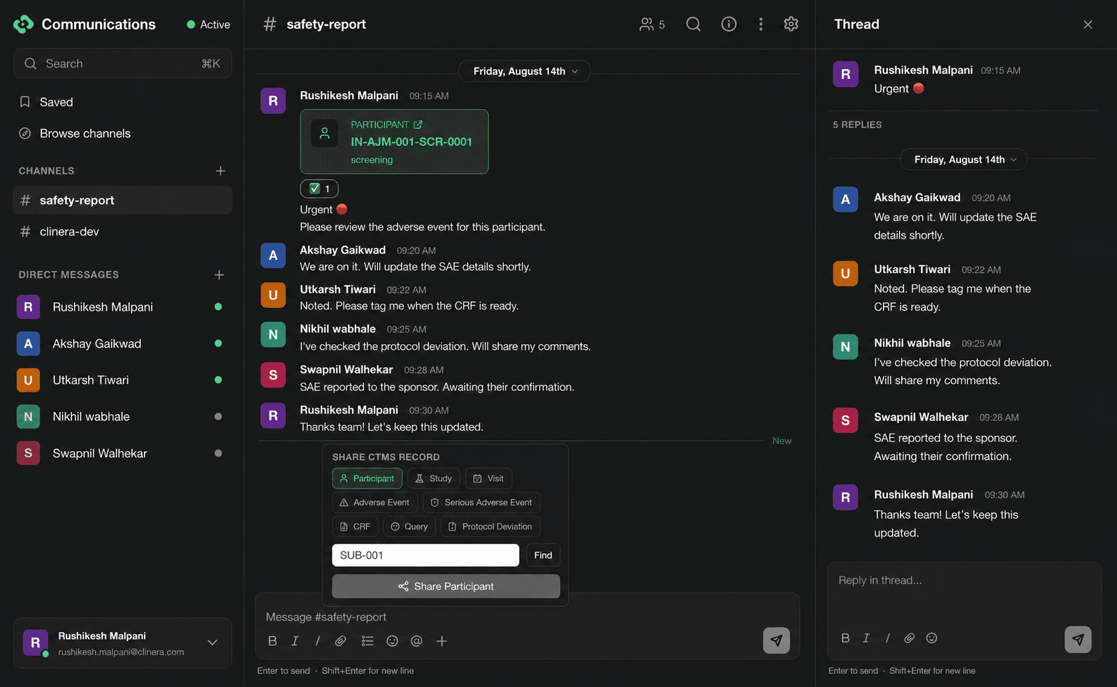 Clinera Communications workspace showing a safety-report channel, participant record sharing, urgent message thread and reply composer.