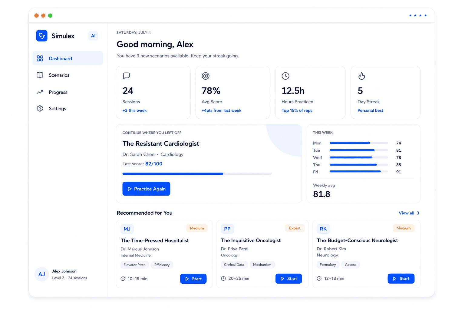 Simulex AI sales roleplay platform interface
