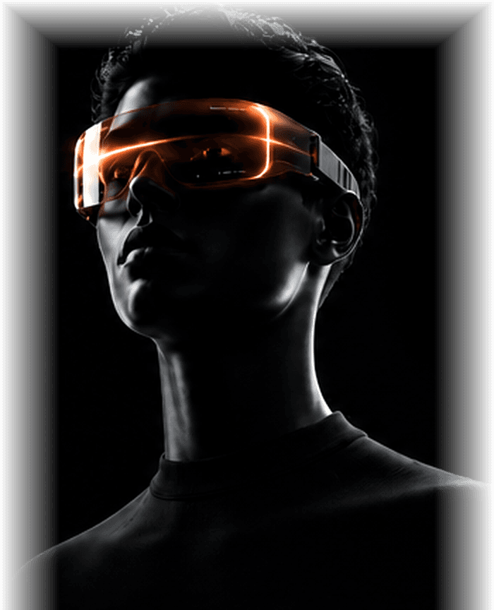 A person wearing an orange illuminated healthcare visor