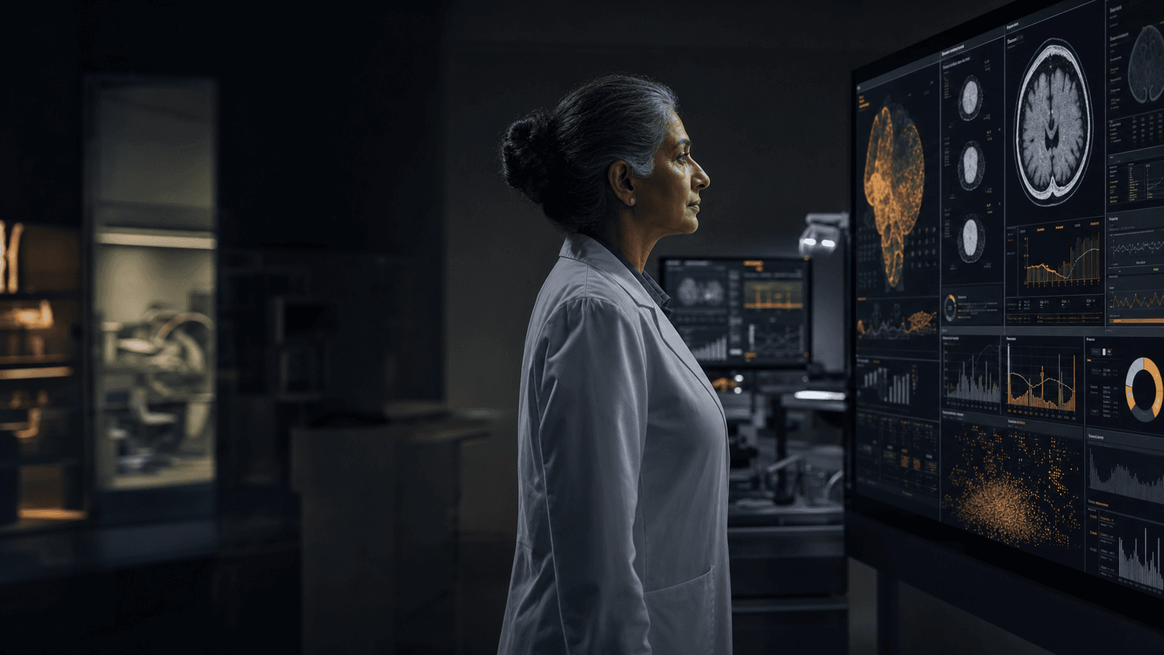 Clinical research leader reviewing medical imaging and research intelligence