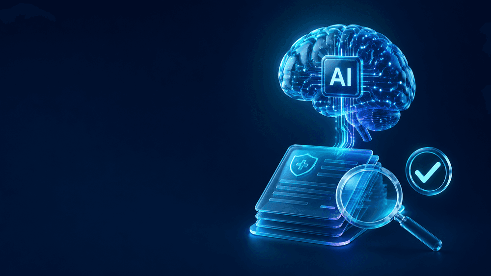 AI reviewing a stack of regulatory submission documents with a magnifier and approval check