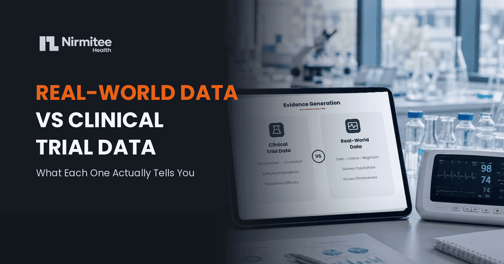 Real-World Data vs Clinical Trial Data — Nirmitee Health blog cover with tablet showing evidence generation comparison