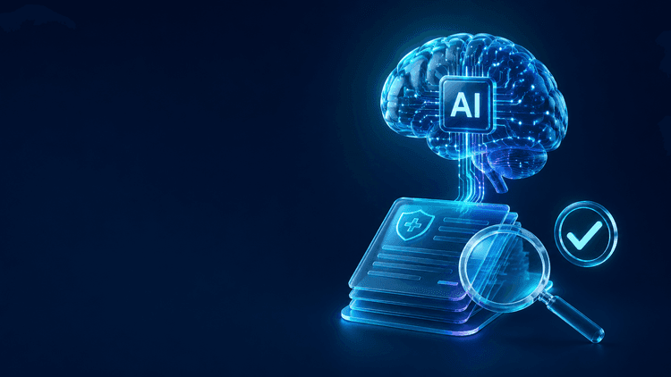 AI reviewing a stack of regulatory submission documents with a magnifier and approval check